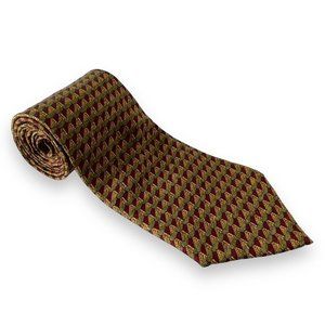 Andrew Scott Mens Tie 4 x 60 Long Geometric Gold Red Handmade 100% Silk EUC